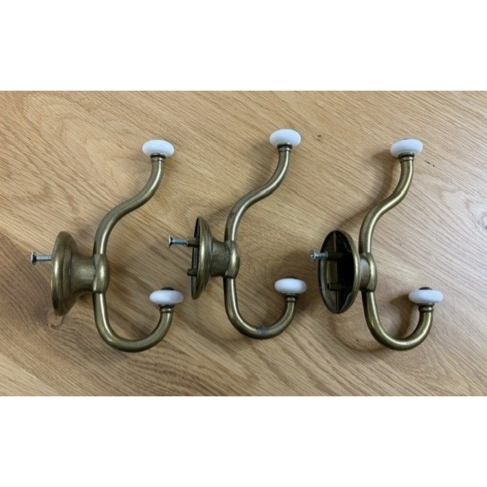 Antique Ceramic Tipped Wall Hooks Set of 3 Brass Finish Vintage Double Hook